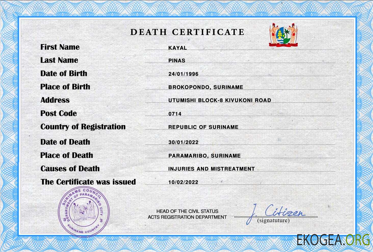 Modèle PSD de certificat de décès de l'état civil du Suriname